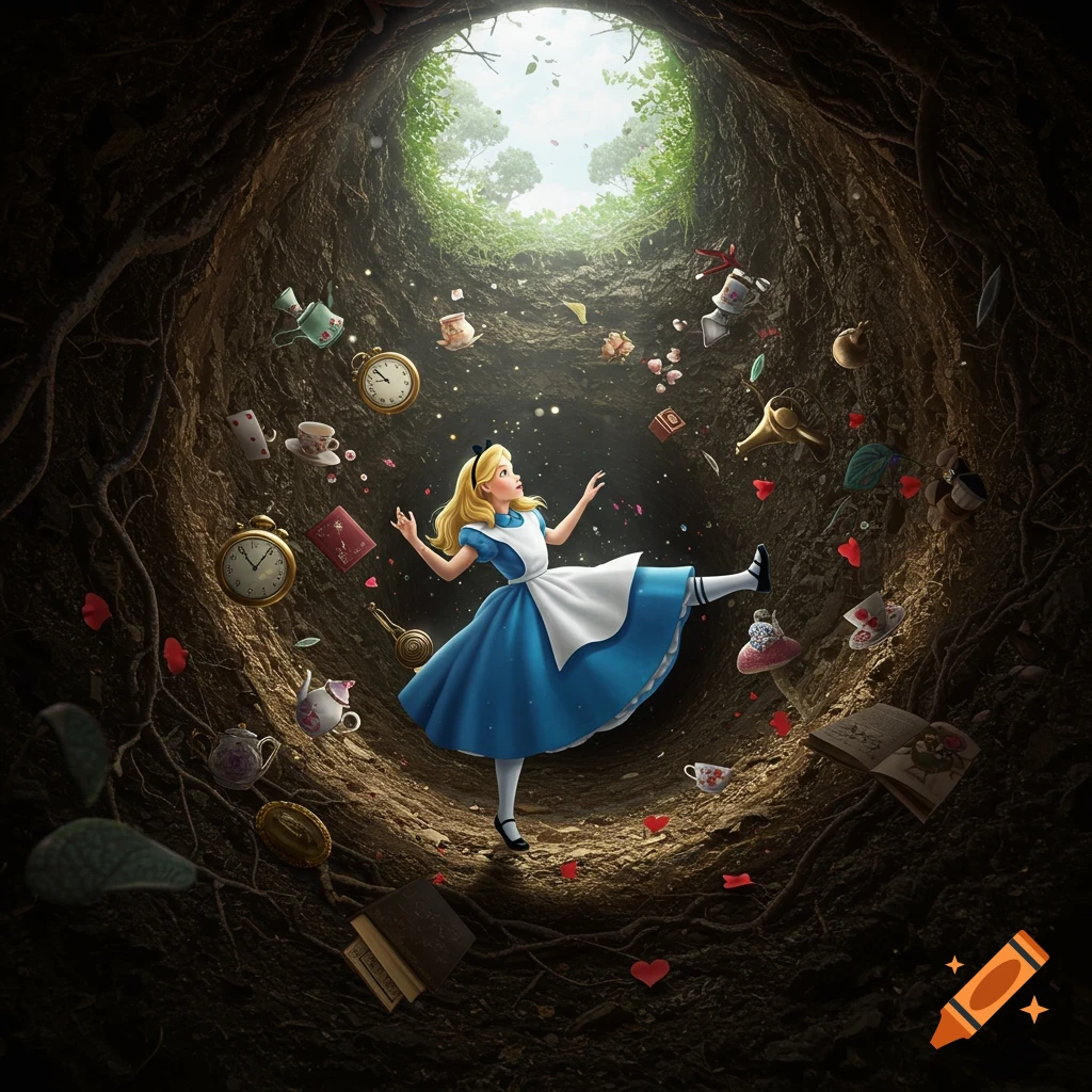 Alice falling down a dark rabbit hole with whimsical objects like clocks, teacups, and books floating around her, light visible above.