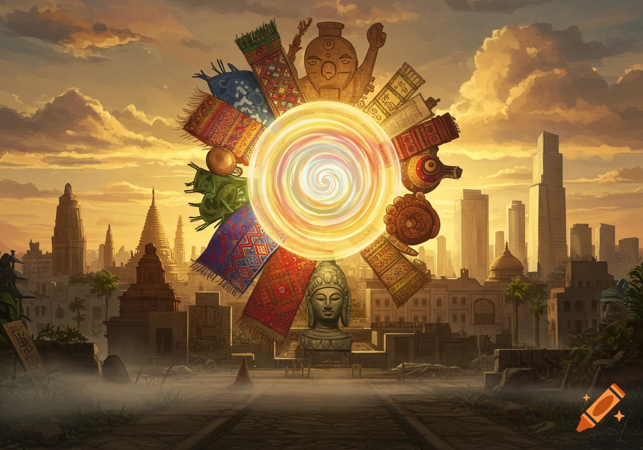 A glowing, swirling portal surrounded by a wheel of diverse cultural artifacts including textiles, statues, pottery, and scrolls, set against a city skyline at sunset.