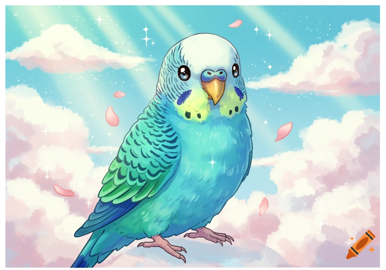 A cute, blue and green budgie with big eyes, set against a pastel pink and blue sky with clouds and falling petals in an anime style.