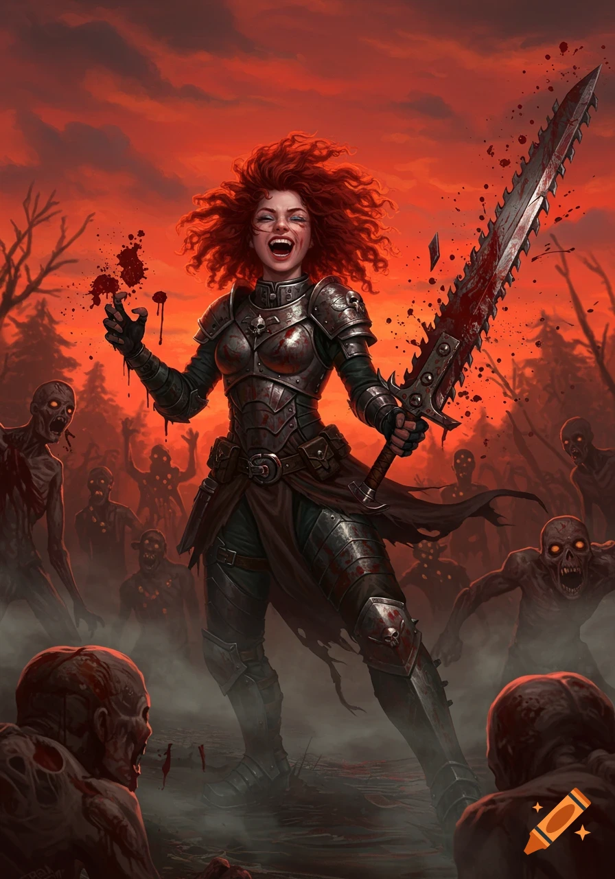A red-headed female warrior in blood-splattered armor laughs wildly, holding a bloody chainsword among a horde of zombies under a red sky.