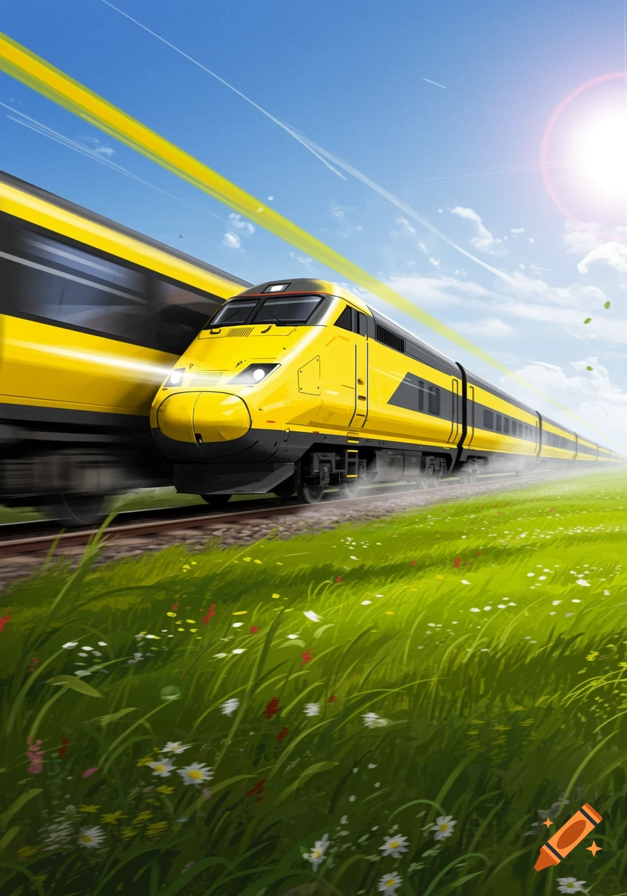A bright yellow high-speed train races through a vibrant green field under a clear blue sky, with motion blur effects.