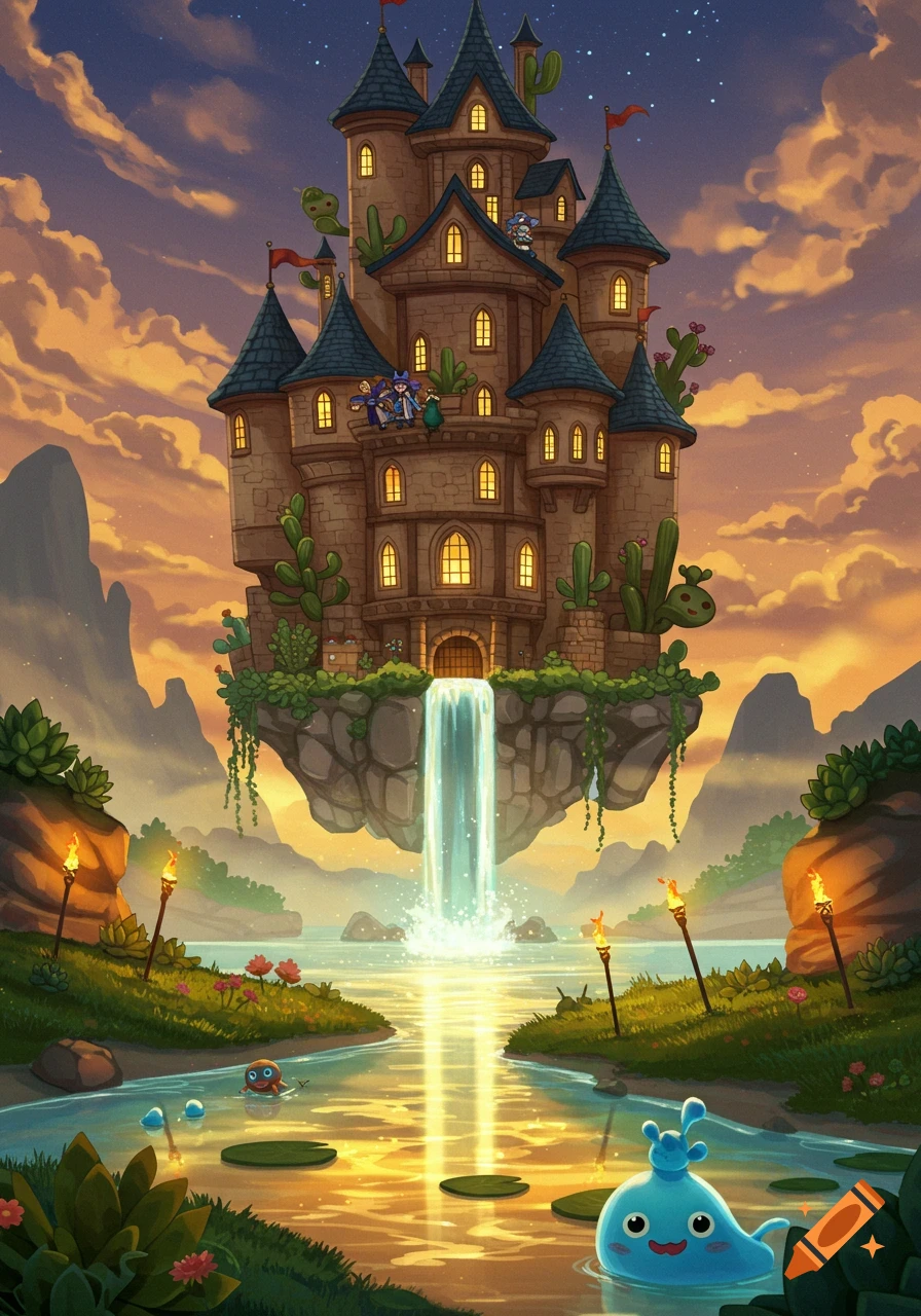 A whimsical fantasy castle floats above a glowing lake at sunset, with a waterfall cascading down. Cute characters and slimes are around the castle and lake, surrounded by cacti and torch-lit shores.