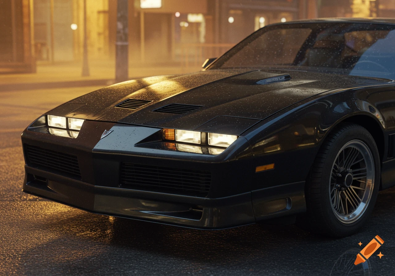 Photorealistic close-up of a wet, black 1988 Pontiac Trans Am's front on a rainy city street at dusk.