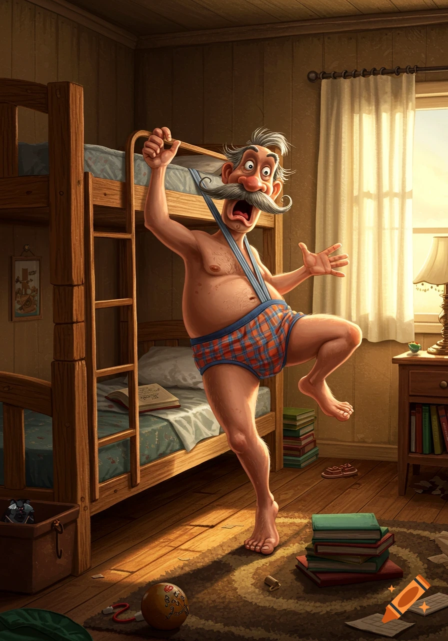A cartoon old man with a large mustache is comically stuck by his suspenders on the top bunk of a wooden bunk bed in a sunny bedroom.