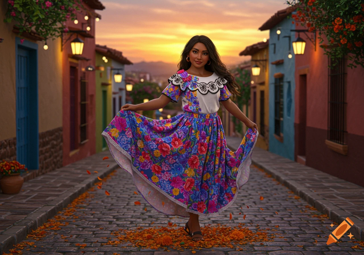 A woman in a vibrant floral dress stands on a cobblestone street with falling petals at sunset, colorful buildings in the background.