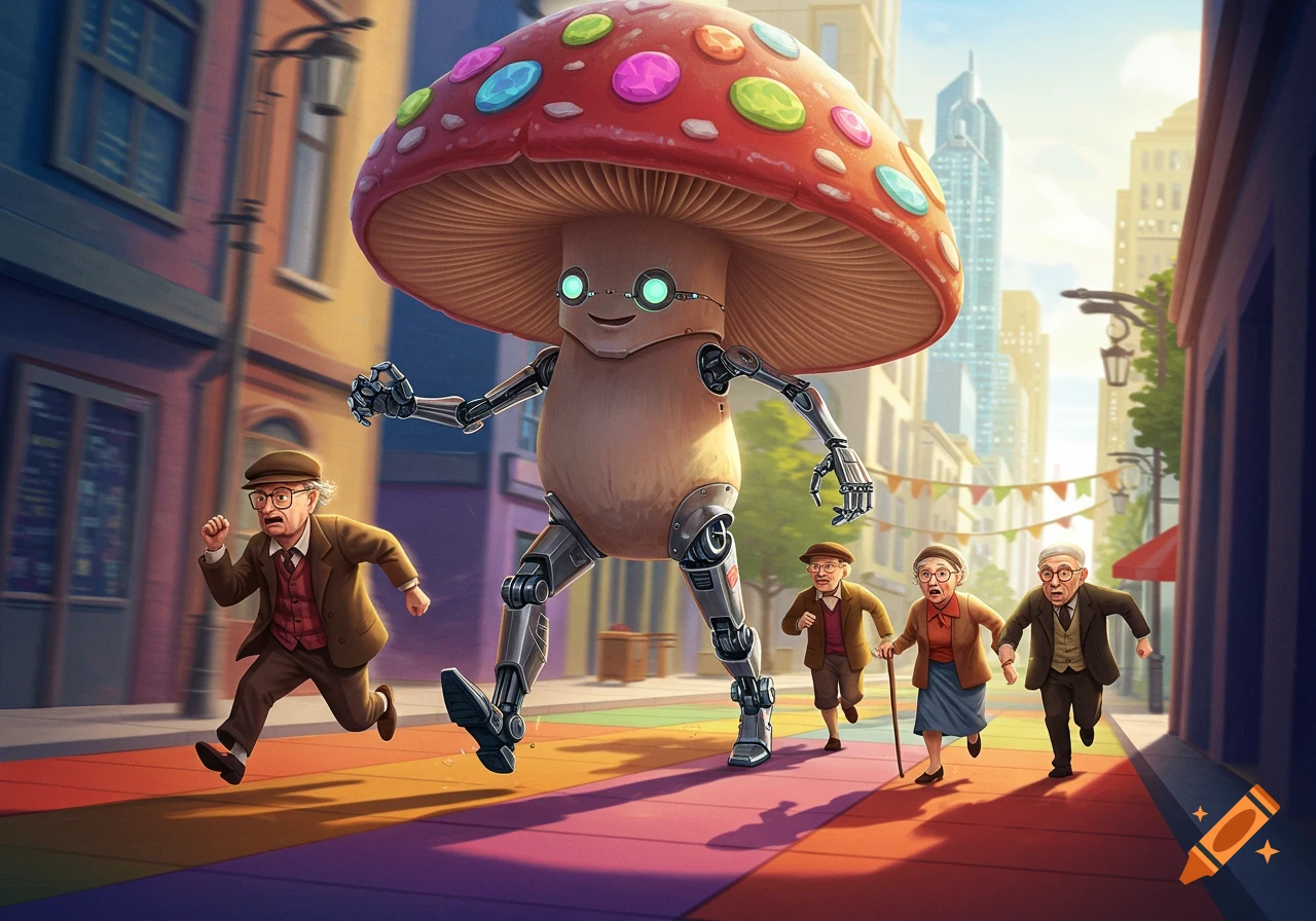 A large, colorful robotic mushroom with glowing eyes chases several startled elderly people down a vibrant city street.