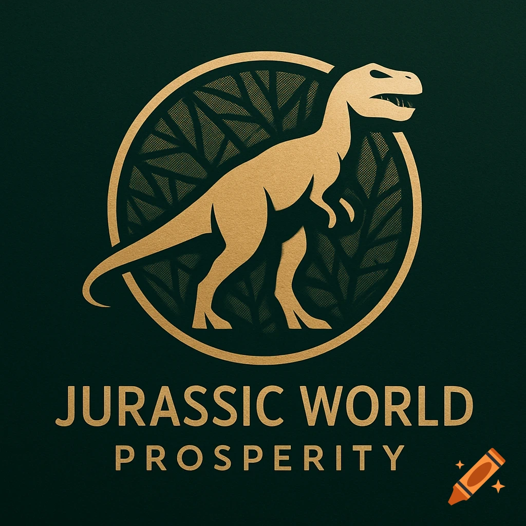 Golden Jurassic World Prosperity logo on dark green, featuring a T-Rex silhouette in a circular emblem with leaf patterns.