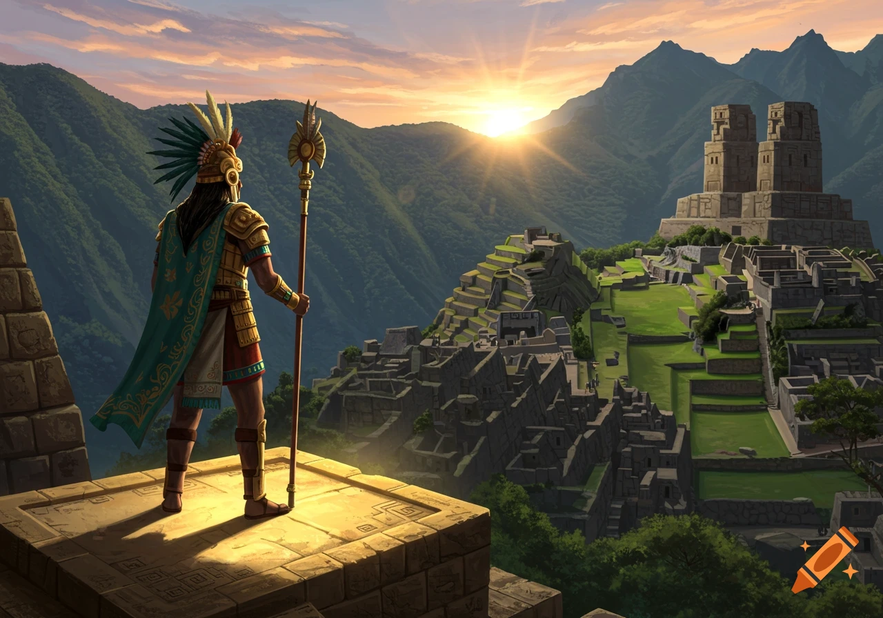 Inca warrior in golden armor standing on a stone platform, looking at ancient ruins and mountains at sunrise.