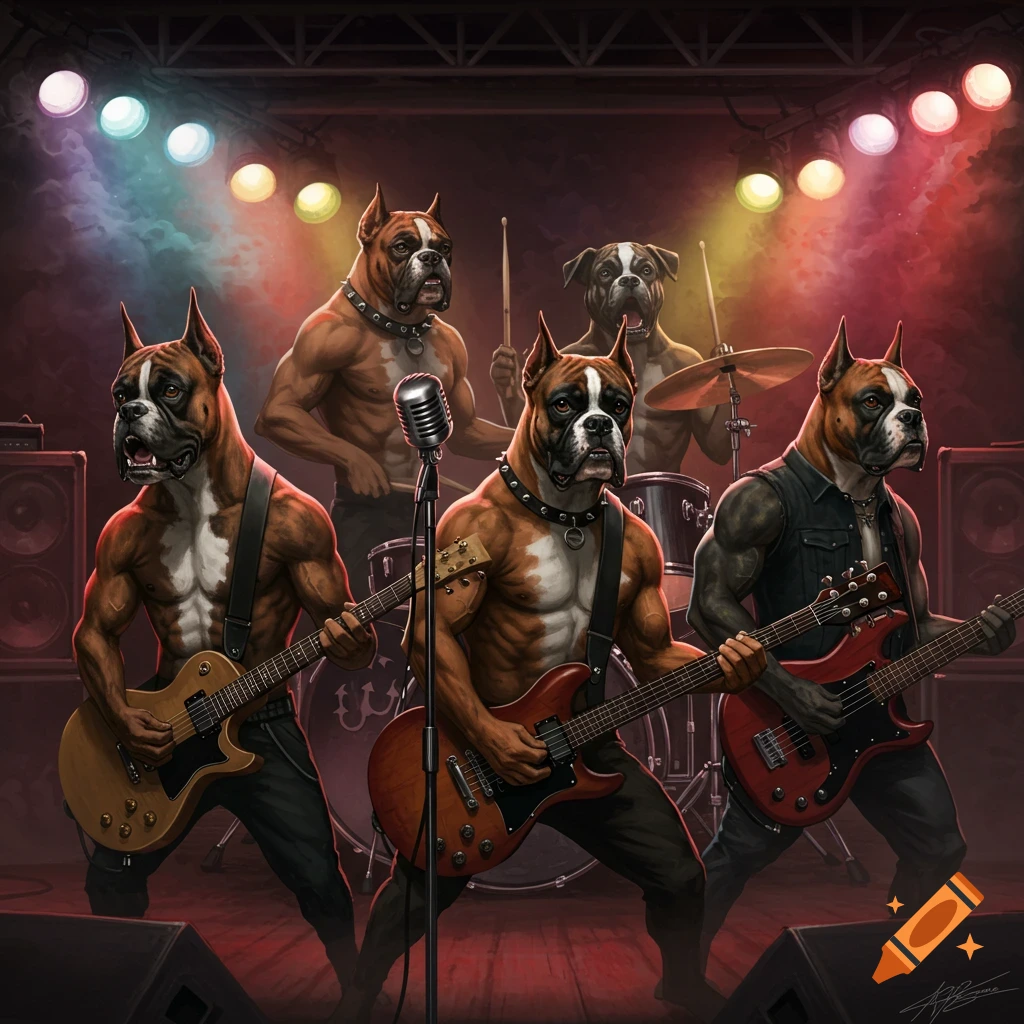 An illustrated band of four boxer dogs playing death metal on a dark stage lit by colorful spotlights.