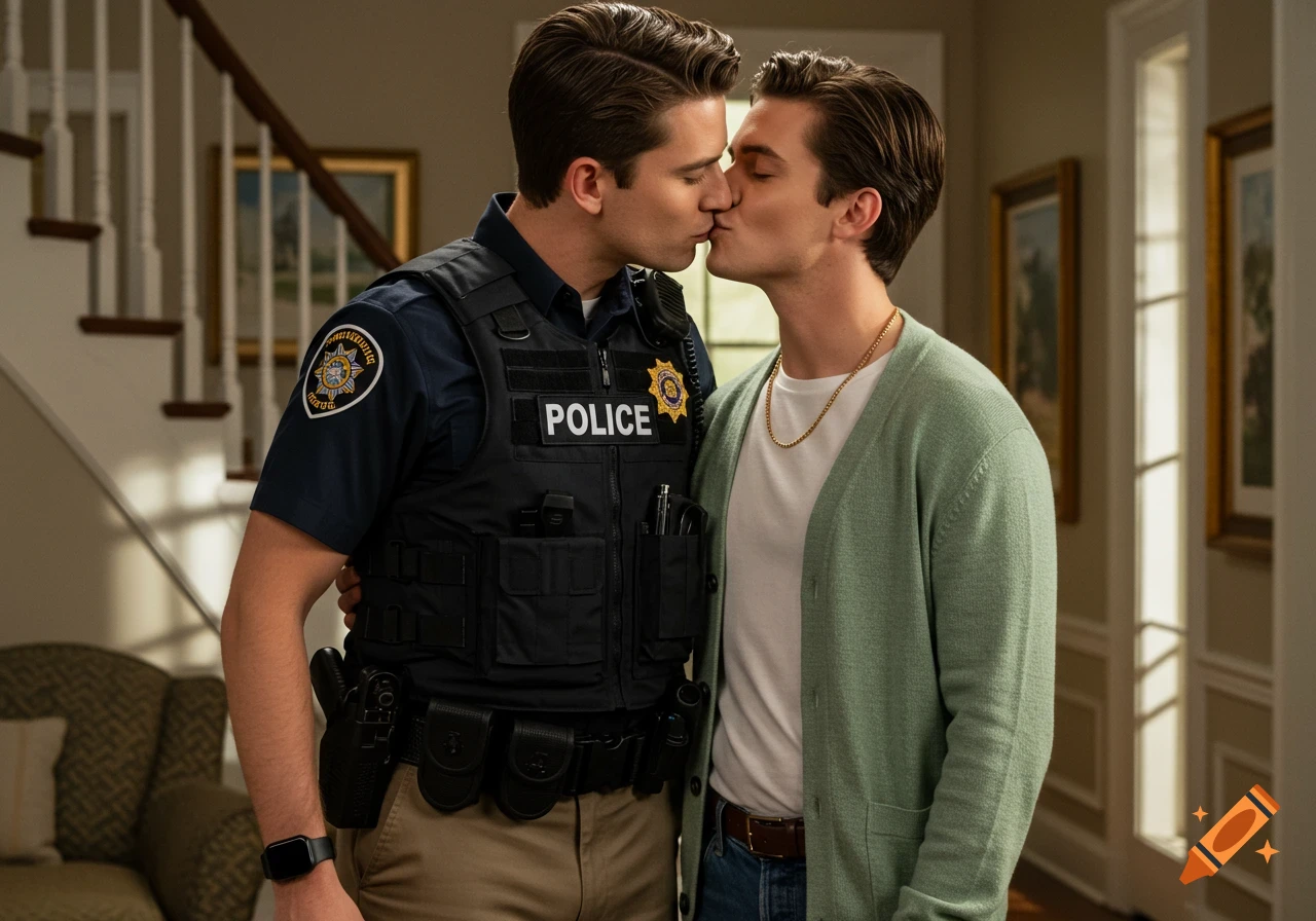 Two young men, one in a police vest and the other in a green cardigan, kiss affectionately in a home.