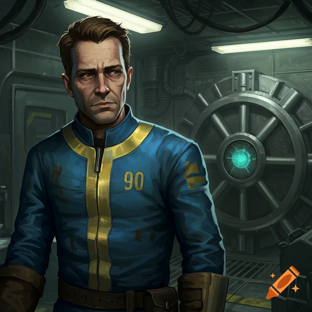 A worried man in a blue and yellow Vault Tec jumpsuit with '90' on it, standing in a futuristic vault with a large metal door. Digital illustration.
