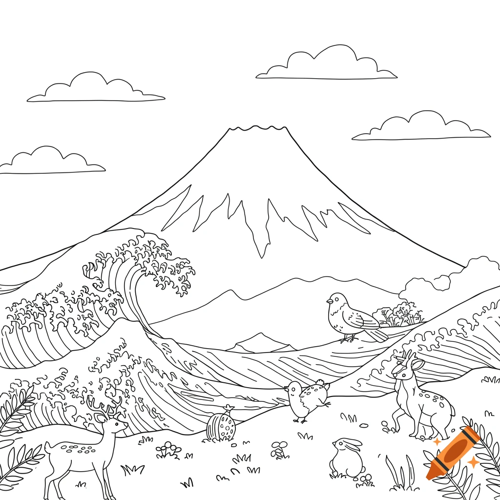 A black and white line art coloring page depicting Mount Fuji behind a large ocean wave, with various cartoon animals including a deer, birds, a rabbit, and a snail in the foreground.