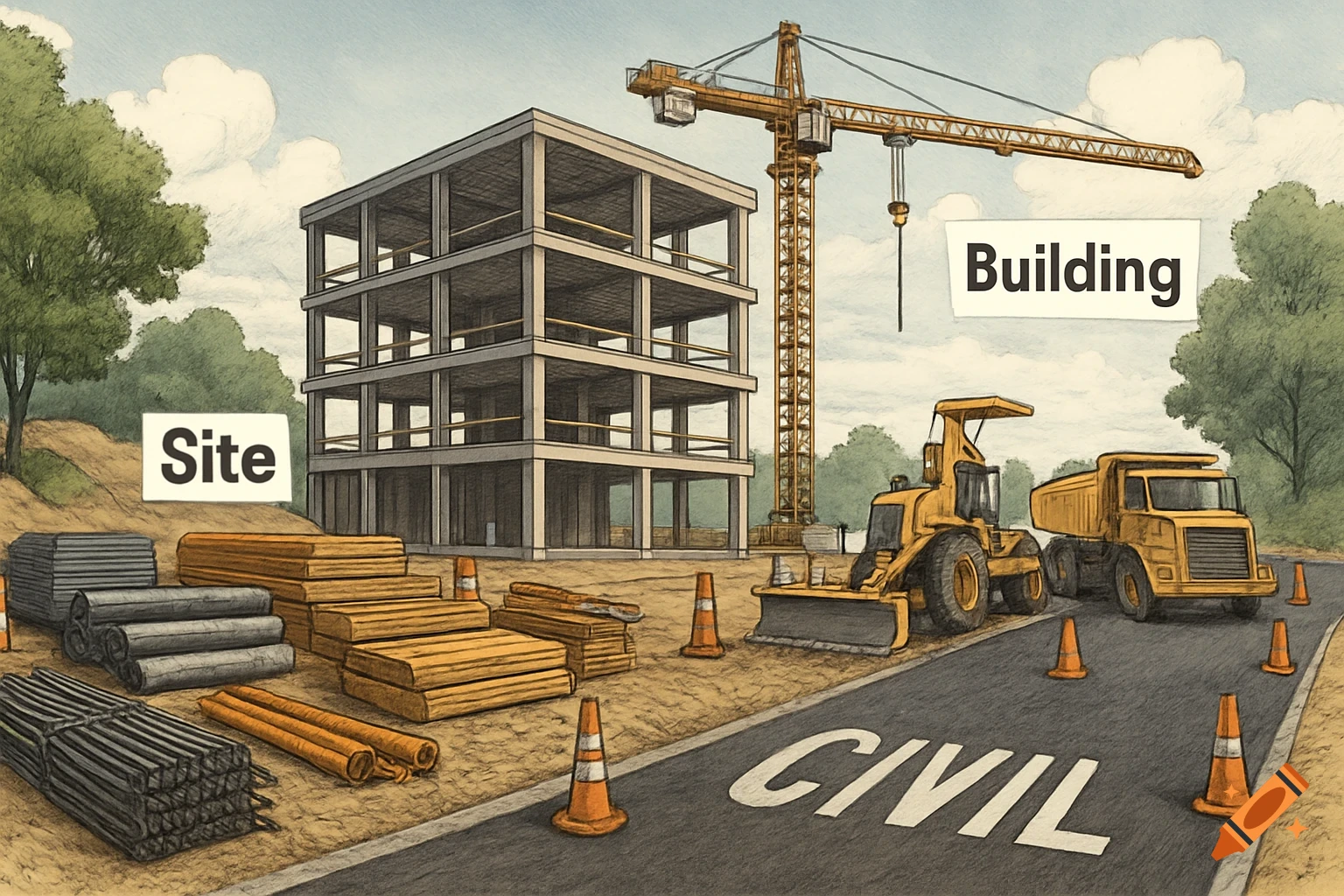Cartoon illustration of a construction site with a building, crane, materials, and heavy equipment. Labels 'Site', 'Building', 'CIVIL' are visible.