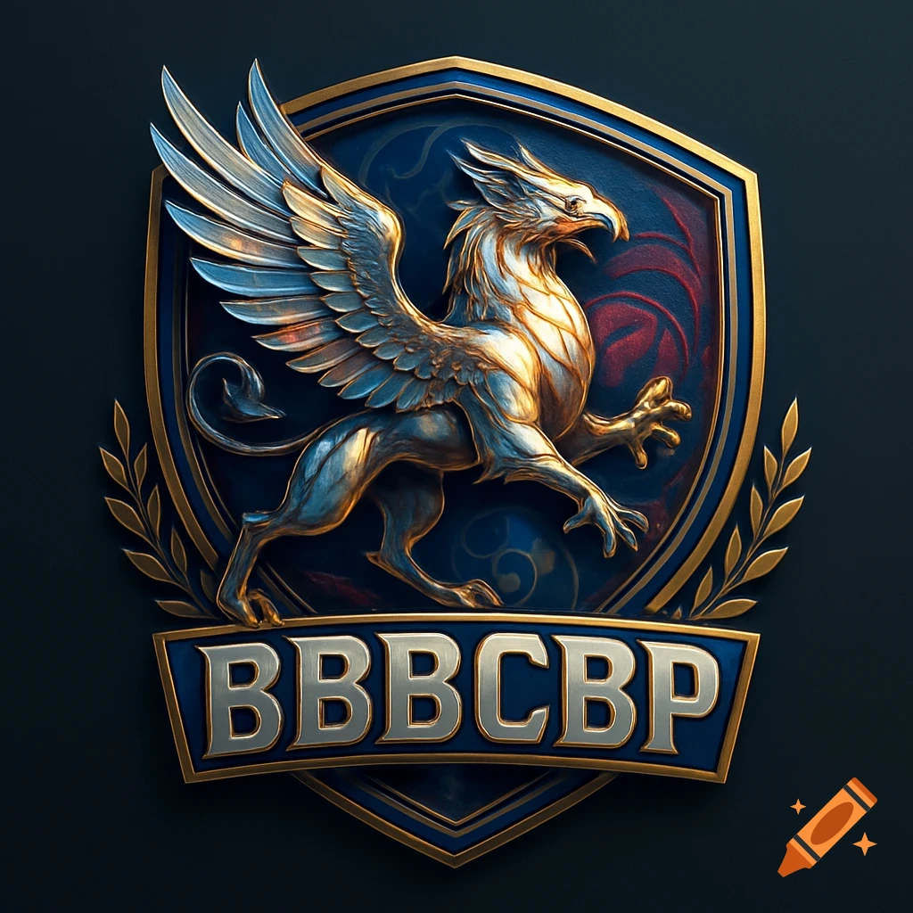 A detailed metallic griffin emblem with a blue shield background and gold trim, featuring the text 'BBBCBP' on a banner below.