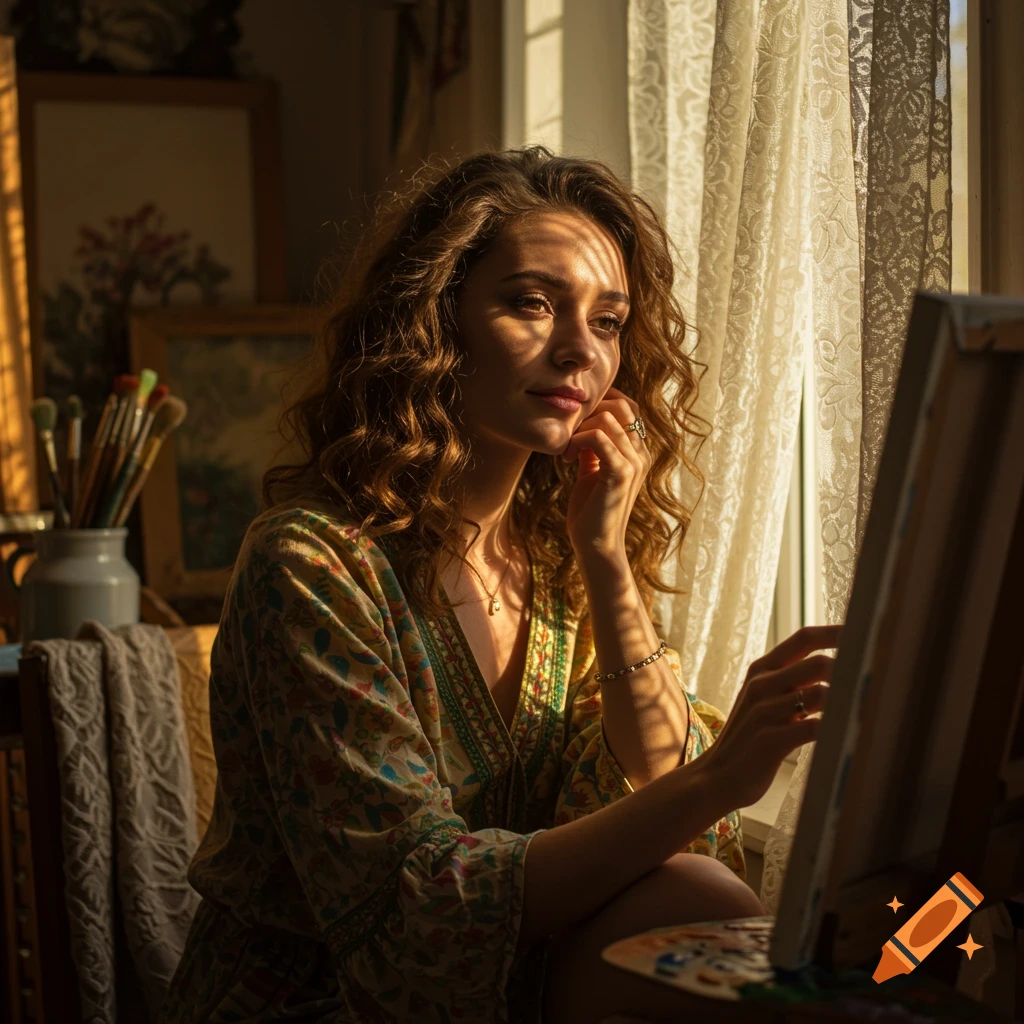 A woman with curly hair sits in a sunlit room, looking at an easel, with art supplies behind her.