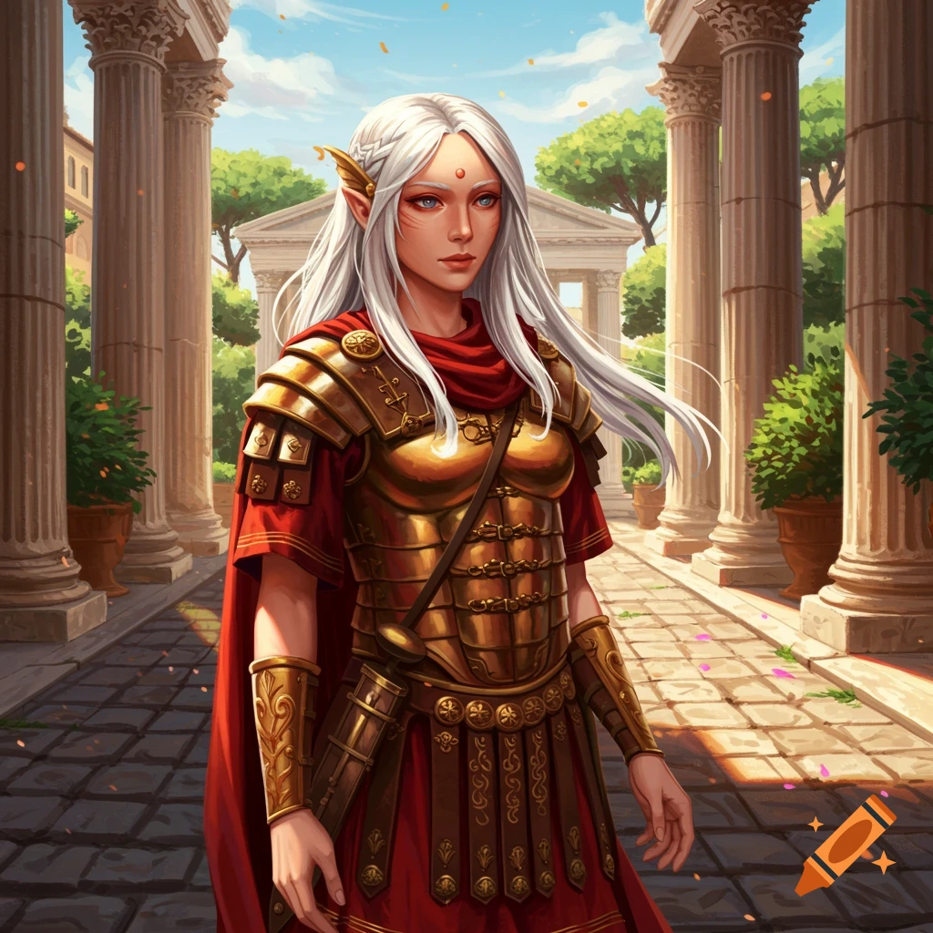 An elf-like woman with long white hair and red eyes stands in a Roman-style ruin, wearing golden segmented armor and a red cape.