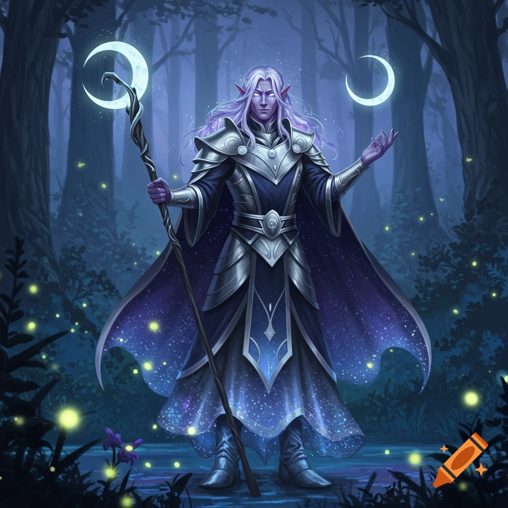 A male elf twilight cleric with long purple hair and glowing eyes stands in a dark forest, holding a staff with a crescent moon, with two crescent moons floating behind him.