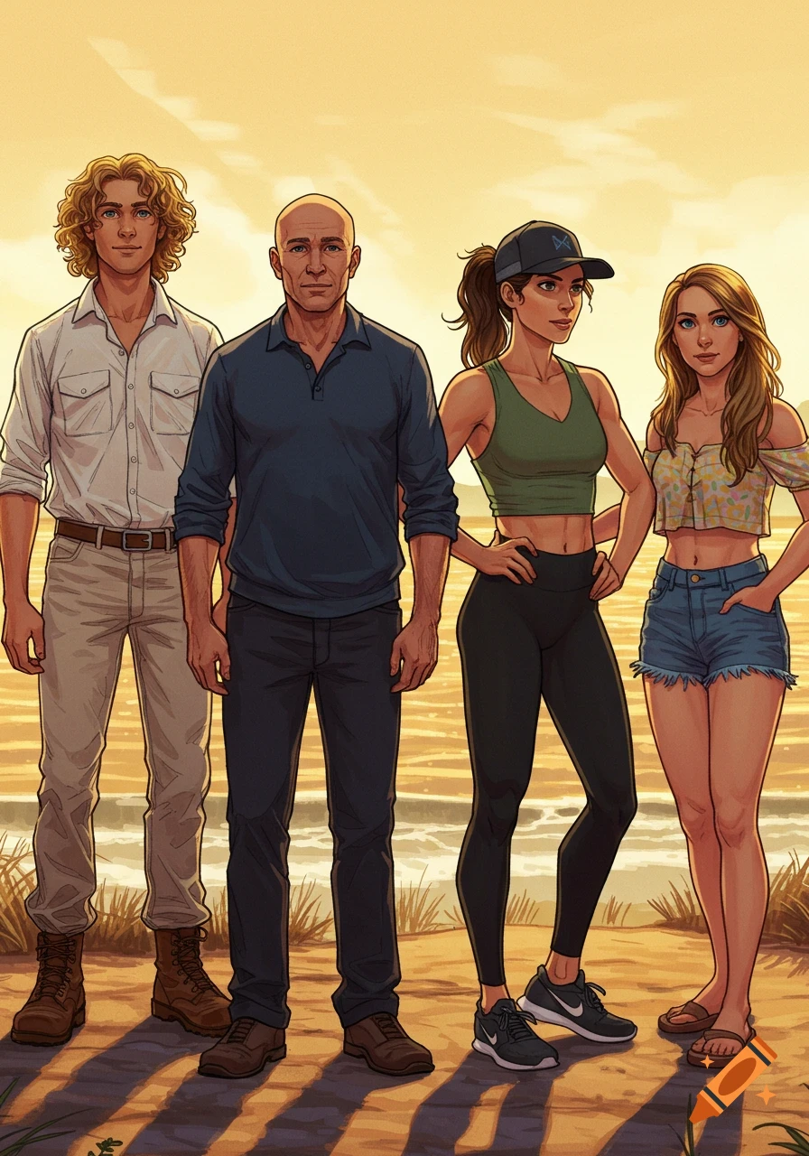 Four diverse people, two men and two women, stand together on a sandy beach at sunset in a stylized illustration. They wear casual outdoor attire.