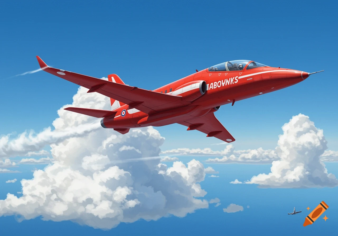 A red jet airplane with white markings flies through a blue sky with white clouds. Another smaller plane is visible in the distance.