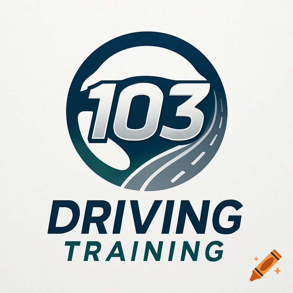 A logo for '103 Driving Training' featuring a steering wheel, a road, and the number 103 in silver, with "DRIVING TRAINING" below.
