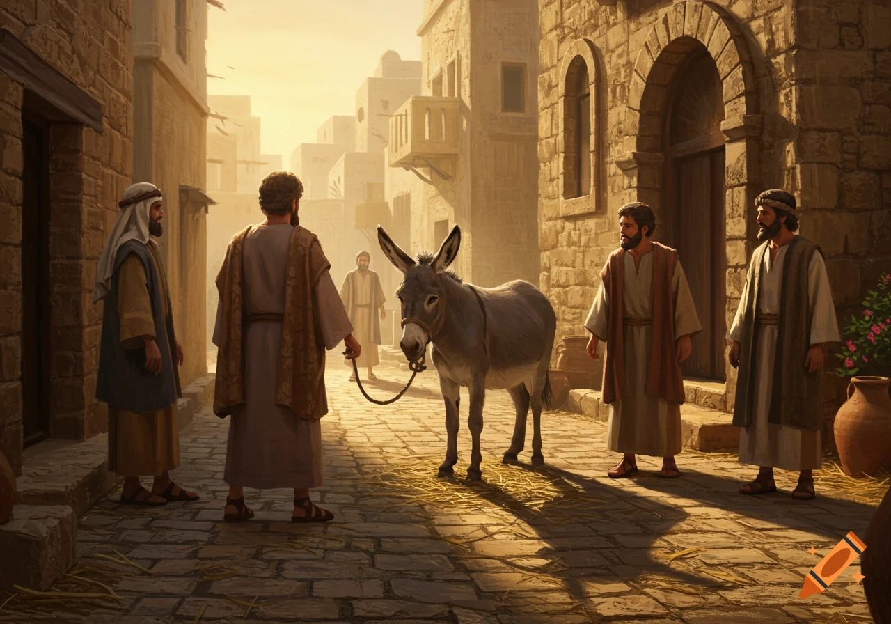 Four men in ancient robes stand with a donkey on a cobblestone street in a sunlit village, in a realistic painting.