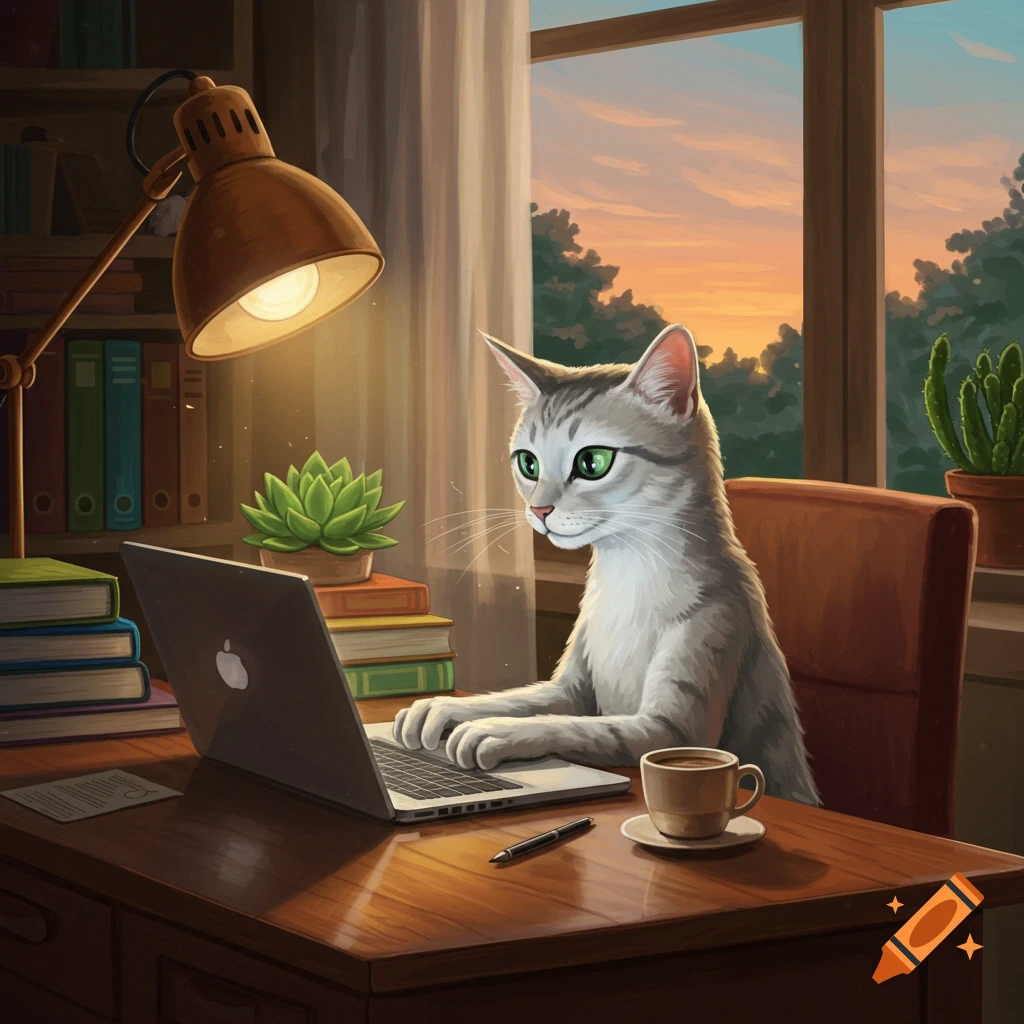 A gray tabby cat with green eyes sits at a wooden desk, typing on a laptop with a glowing Apple logo. A warm lamp illuminates the scene, with books, a plant, and a coffee cup nearby. Outside a window, a sunset sky is visible.