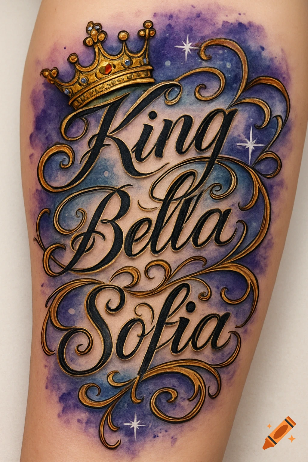 Colorful tattoo on skin featuring the names King Bella Sofia in ornate script with a golden crown and scrollwork.