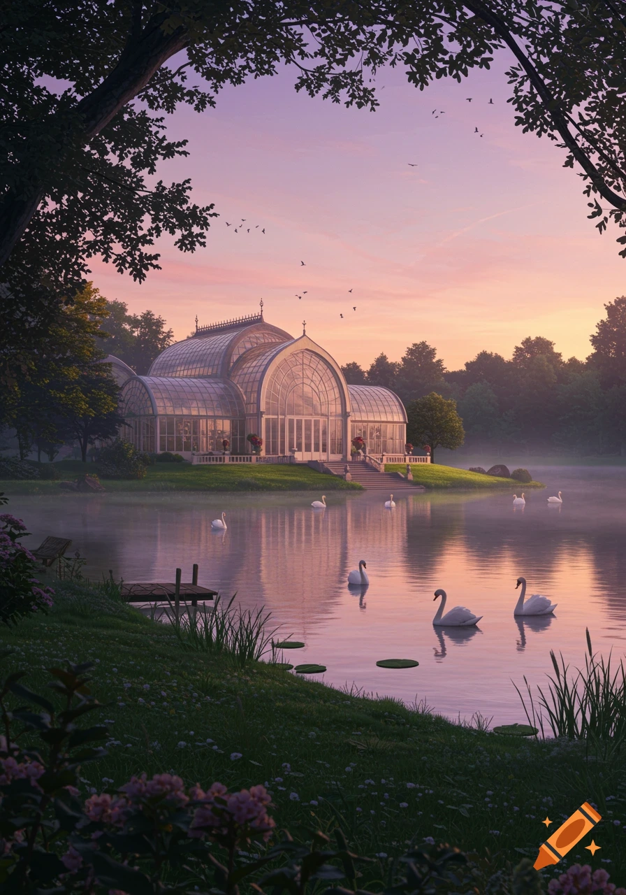 A grand glass greenhouse sits by a tranquil lake with swans at a pink and purple sunset, surrounded by lush trees.