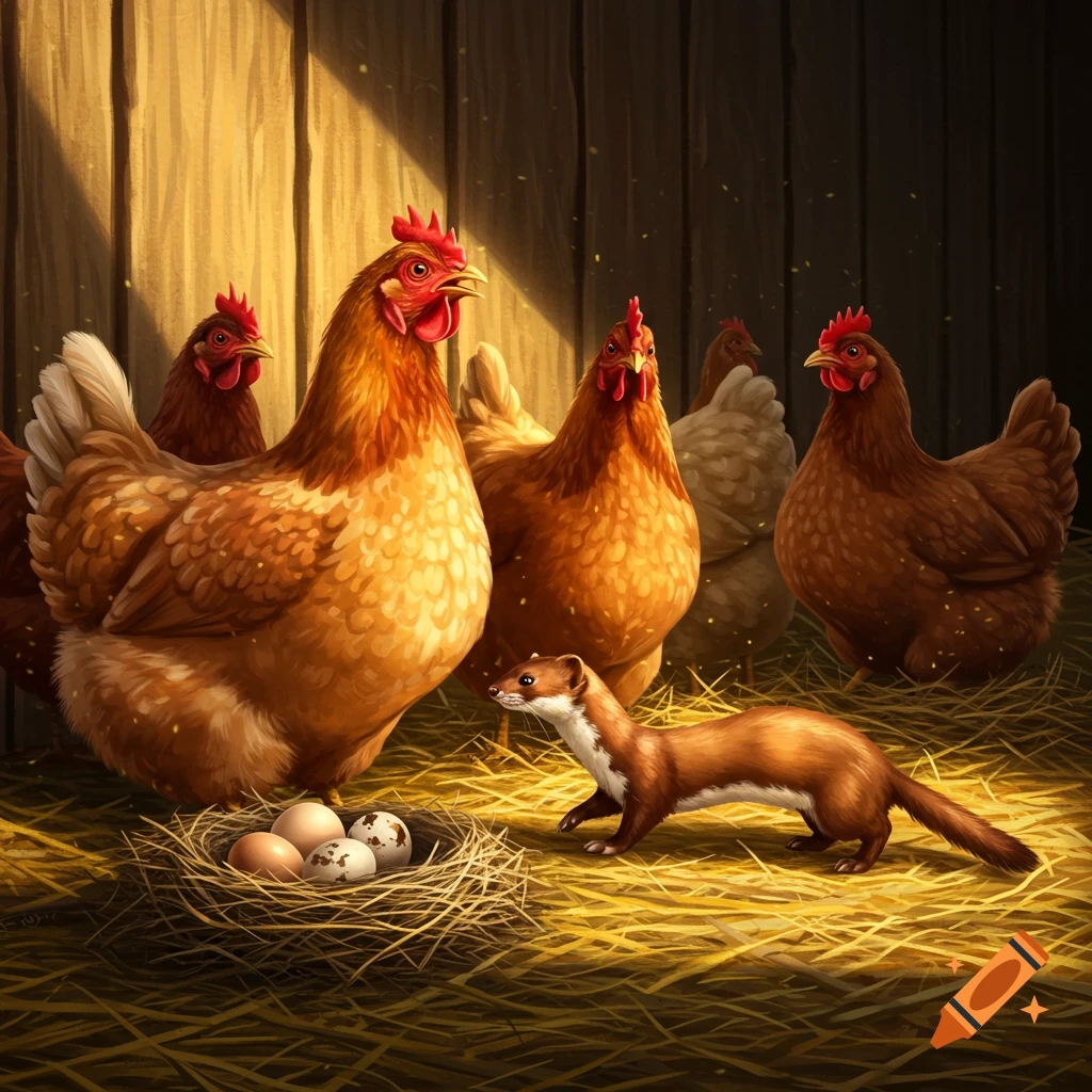 A weasel approaches a nest of eggs in a hay-filled barn, surrounded by chickens looking on.