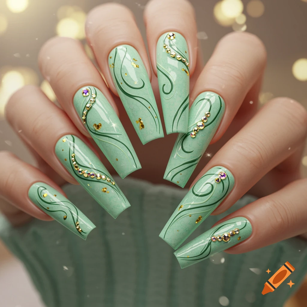 Close-up of a hand with long, mint green coffin nails adorned with dark green swirls, gold glitter, and rhinestones against a blurred background.