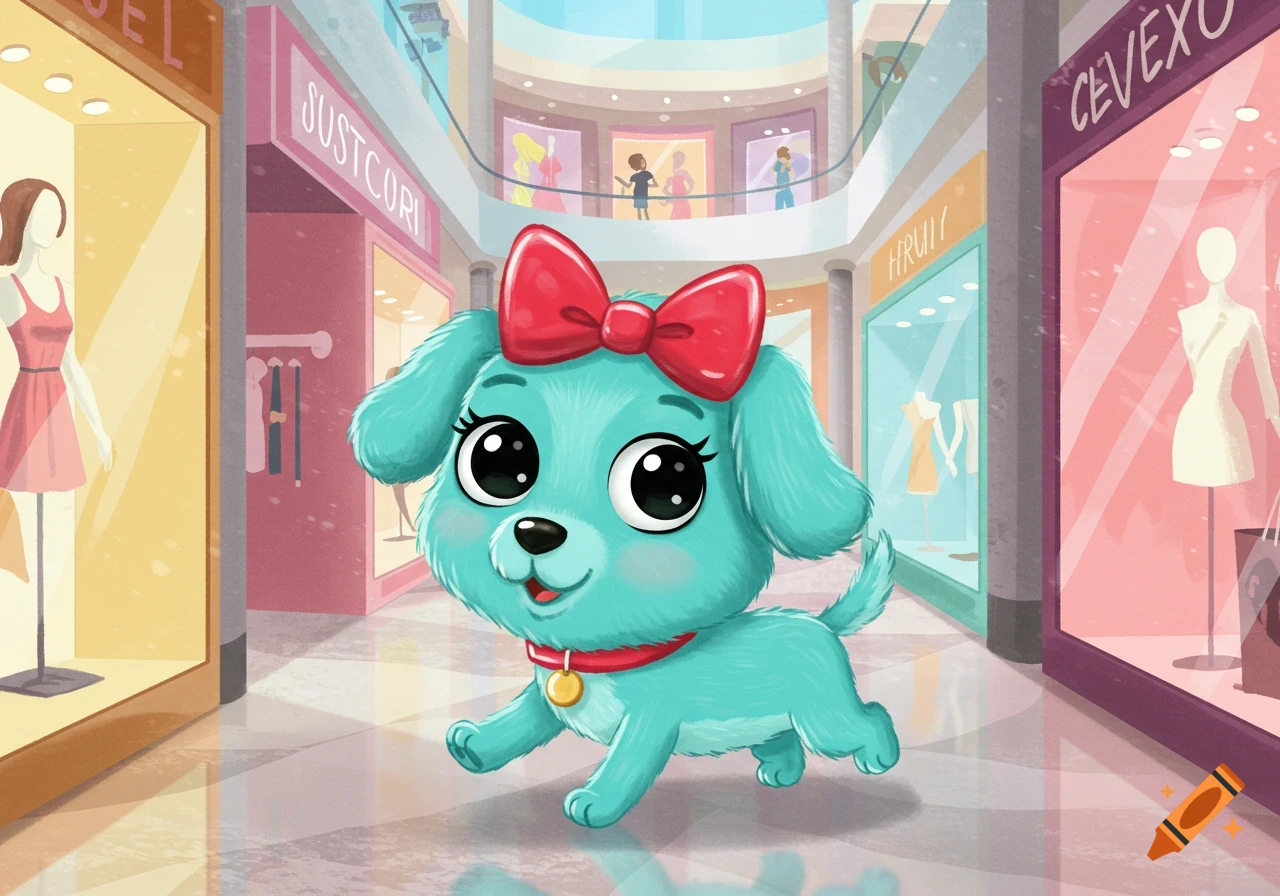 A cute turquoise cartoon dog with a red bow walks through a brightly lit shopping mall.