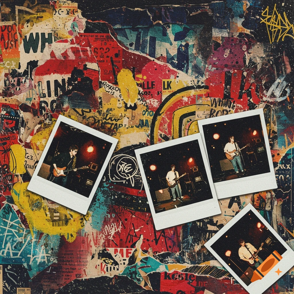A vibrant, textured collage of torn paper, paint splatters, and graffiti, featuring four scattered Polaroid photos of a musician playing a guitar on stage.