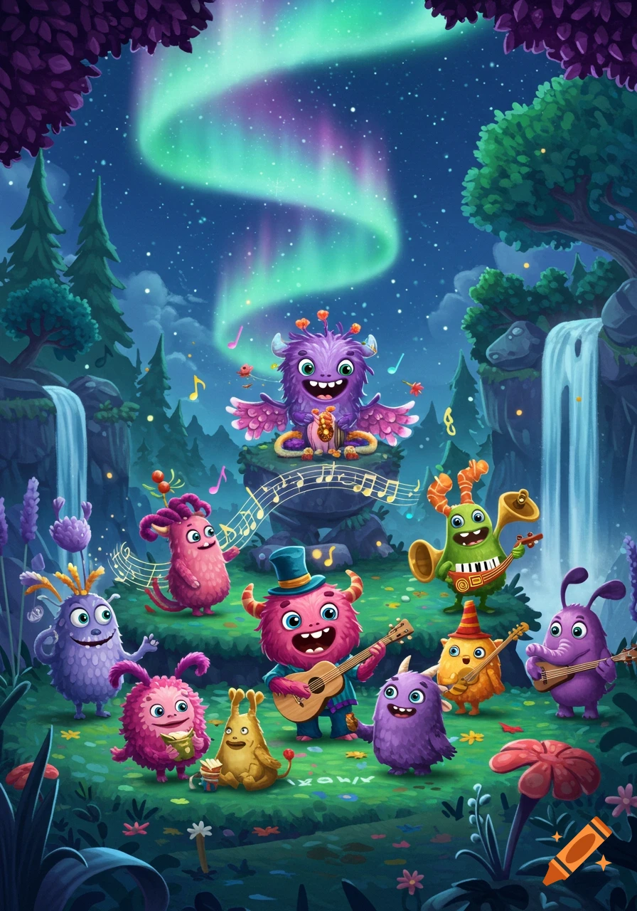 Colorful cartoon monsters play musical instruments under an aurora borealis in a whimsical forest with waterfalls.