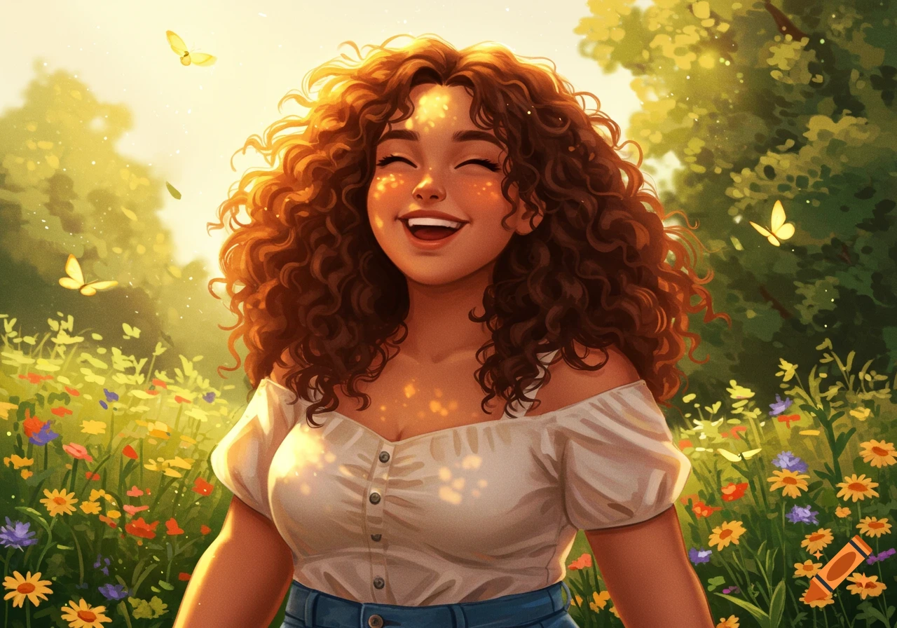 An illustrated portrait of a smiling woman with curly brown hair in a sunny field of flowers with butterflies.