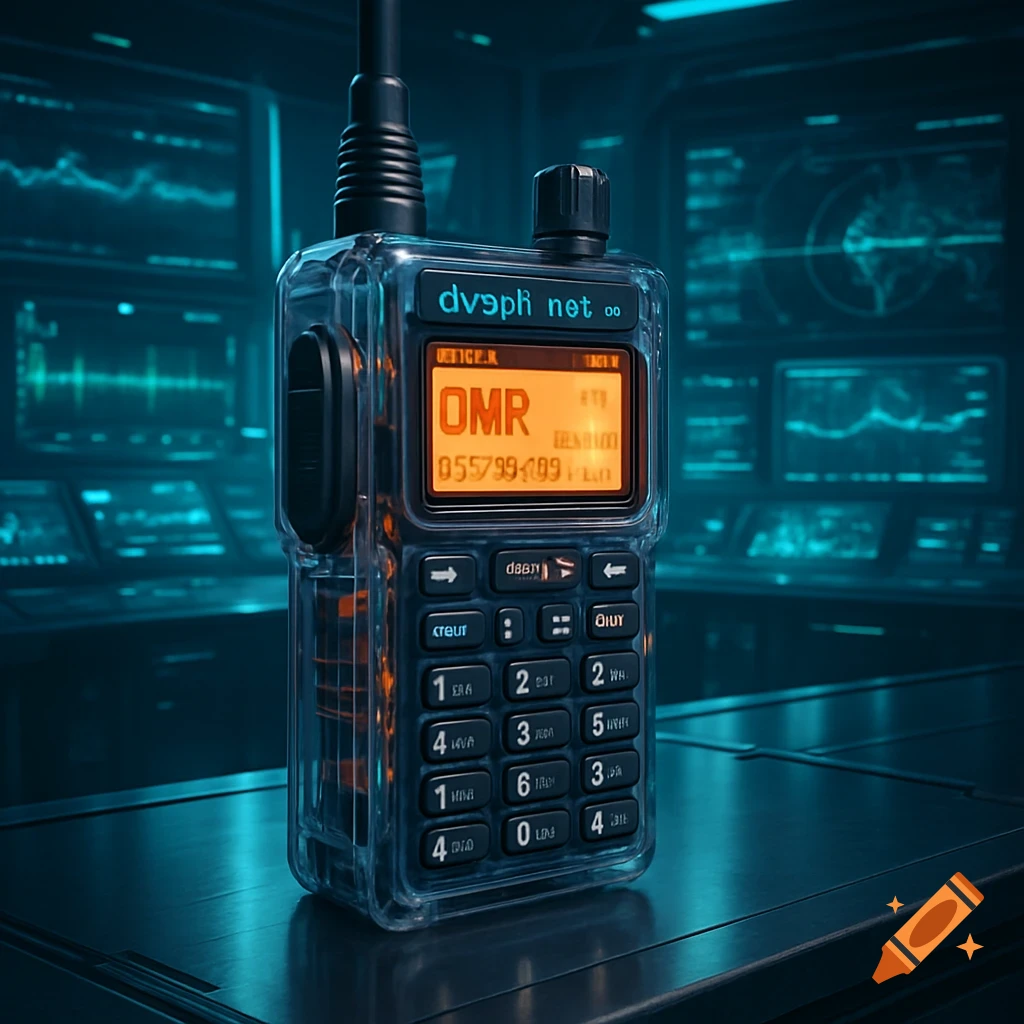 A close-up of a clear plastic, futuristic walkie-talkie with an orange screen displaying garbled text, set in a dark, high-tech control room with blue-lit monitors.