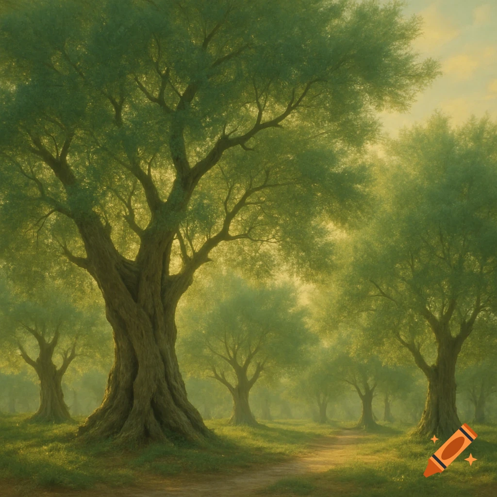 A serene view of a sunlit olive grove with a dirt path winding through green trees.