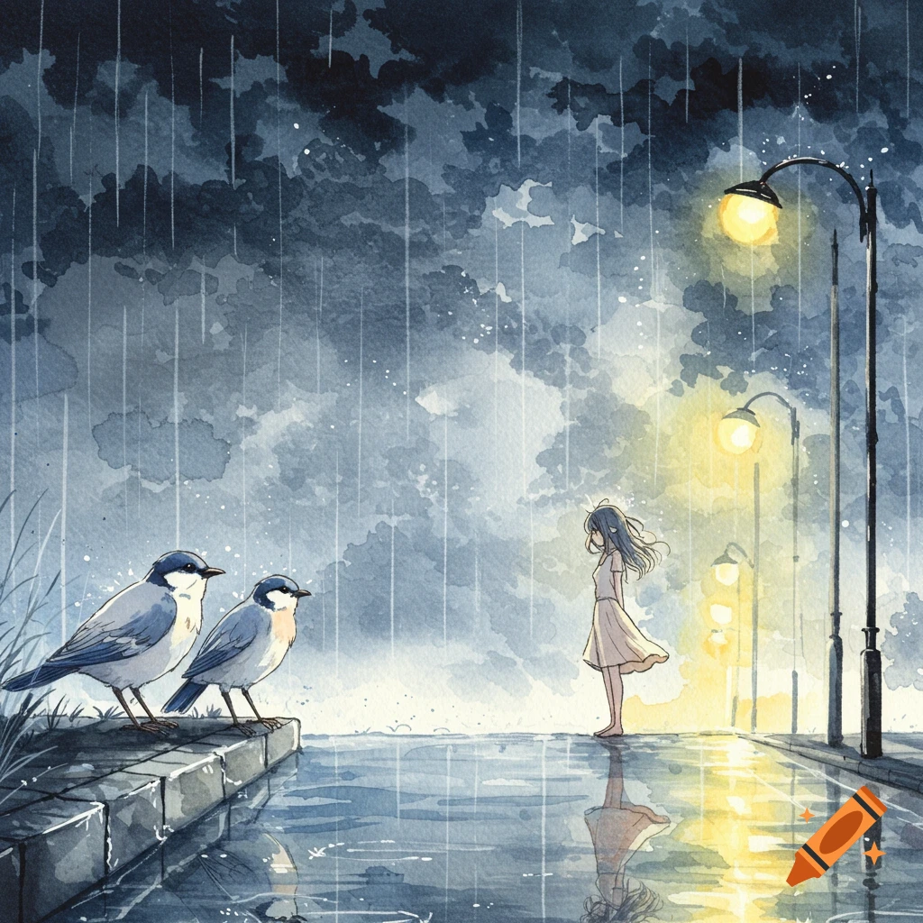 Watercolor anime scene of a girl and two birds standing in the rain under streetlights.