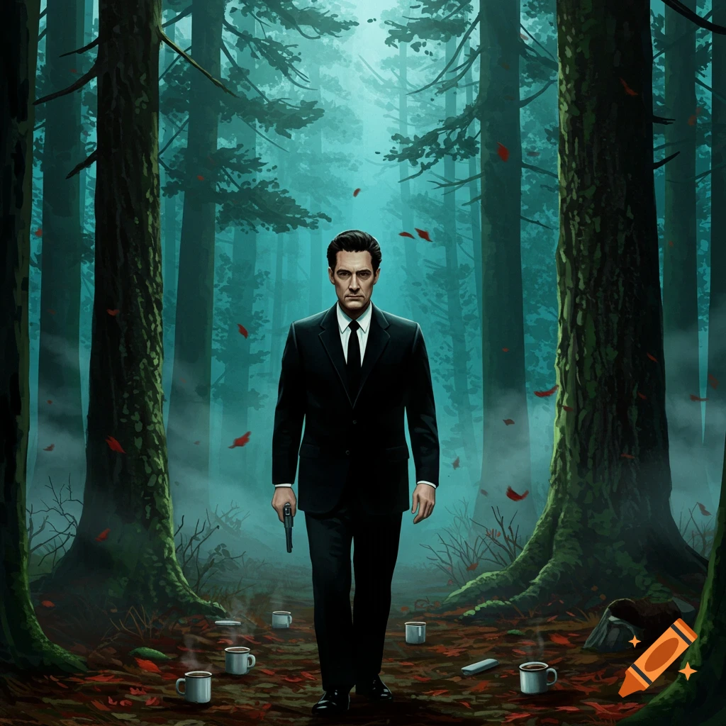 A man in a black suit, resembling Dale Cooper, walks through a misty forest with red leaves and coffee cups on the ground, holding a pistol.