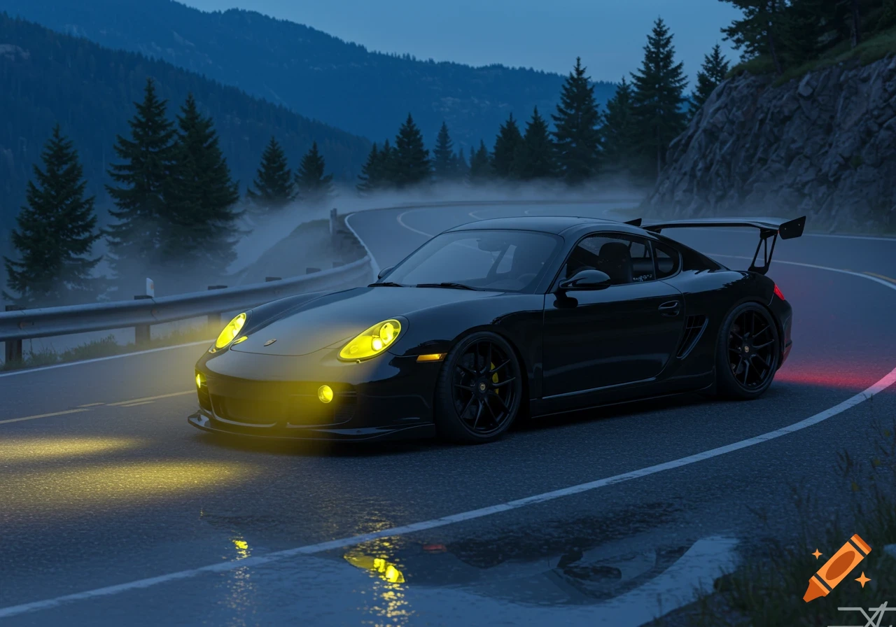A black Porsche Cayman S with yellow headlights drives on a winding, wet mountain road at dusk.