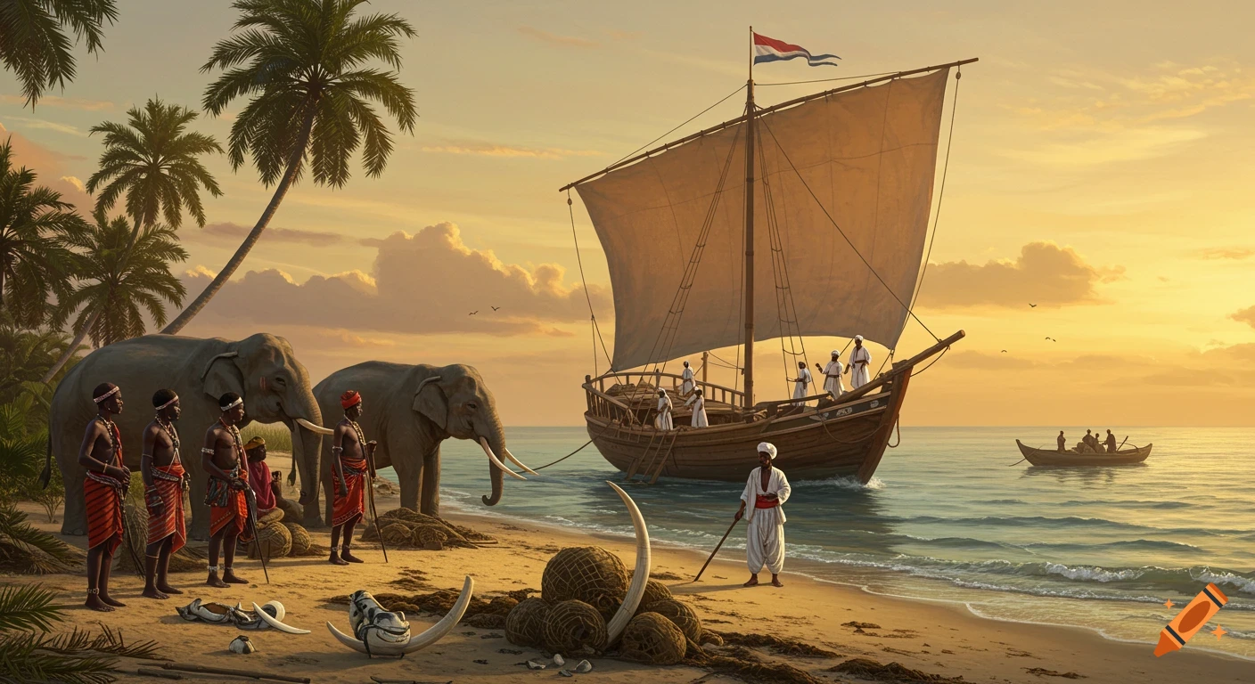A historical scene at sunset on a beach, with people, elephants, a dhow, and ivory tusks on the sand.