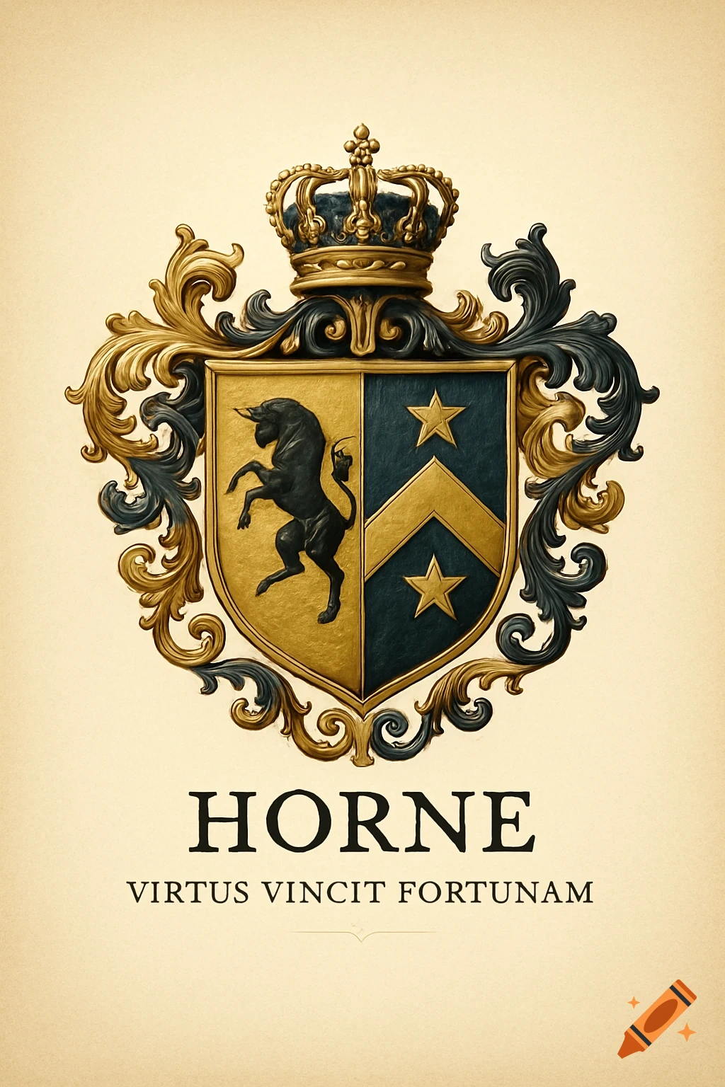 A regal family crest with a golden crown, an ornate gold and dark blue shield featuring a black unicorn, stars, and chevron, with 'HORNE' and a Latin motto.
