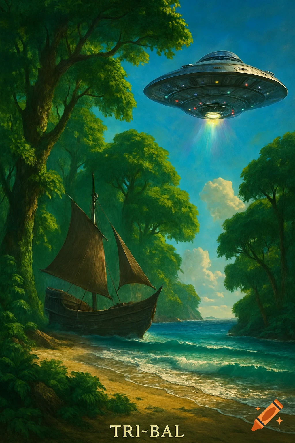 A lush green jungle scene with a boat on a sandy beach next to turquoise water, under a bright blue sky with a large UFO beaming light from above.
