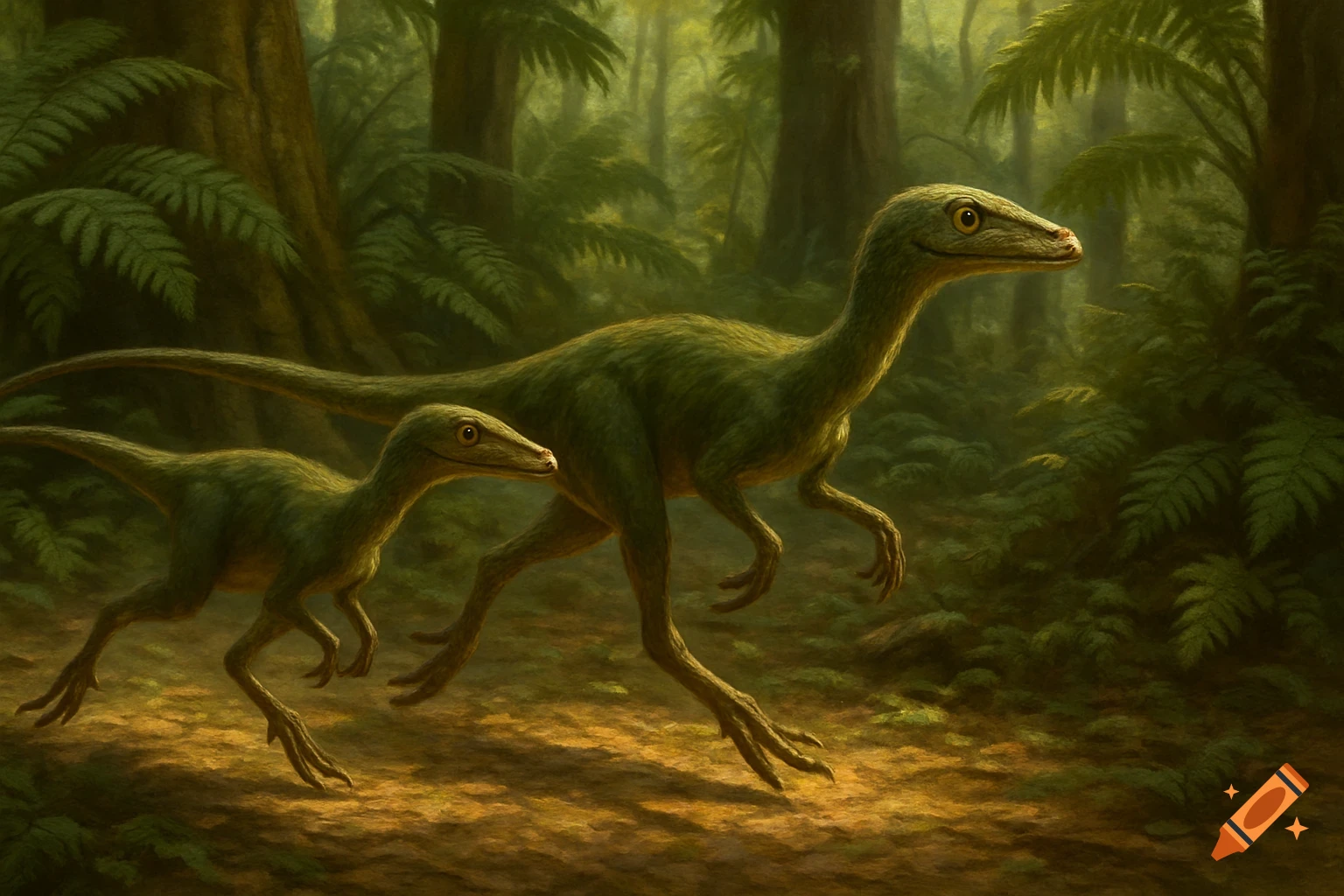 Two small green dinosaurs with long tails run through a sunlit prehistoric forest with large ferns and trees.