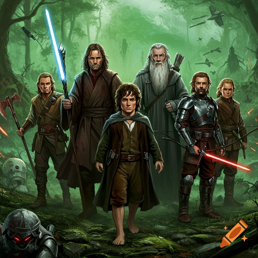 The Fellowship of the Ring characters, including Frodo, Gandalf, and Aragorn, reimagined as Star Wars figures with lightsabers, standing in a green forest with spaceships overhead.
