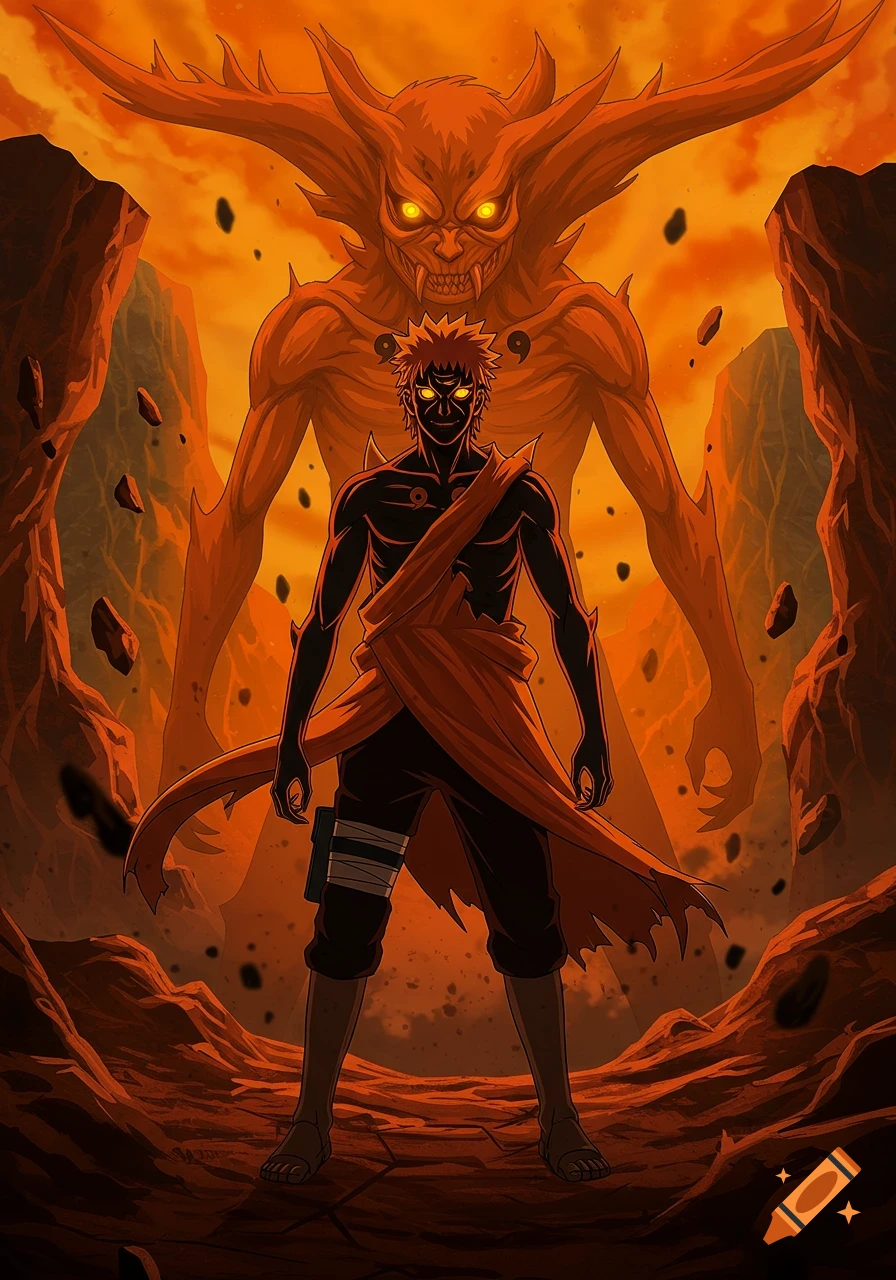 An anime-style illustration of a dark-skinned character with glowing eyes and spiky red hair, standing in a barren, rocky landscape. Behind him, a massive, horned, orange-red demon with glowing eyes looms, both figures adorned with stylized nine symbols. The scene is bathed in an orange glow.