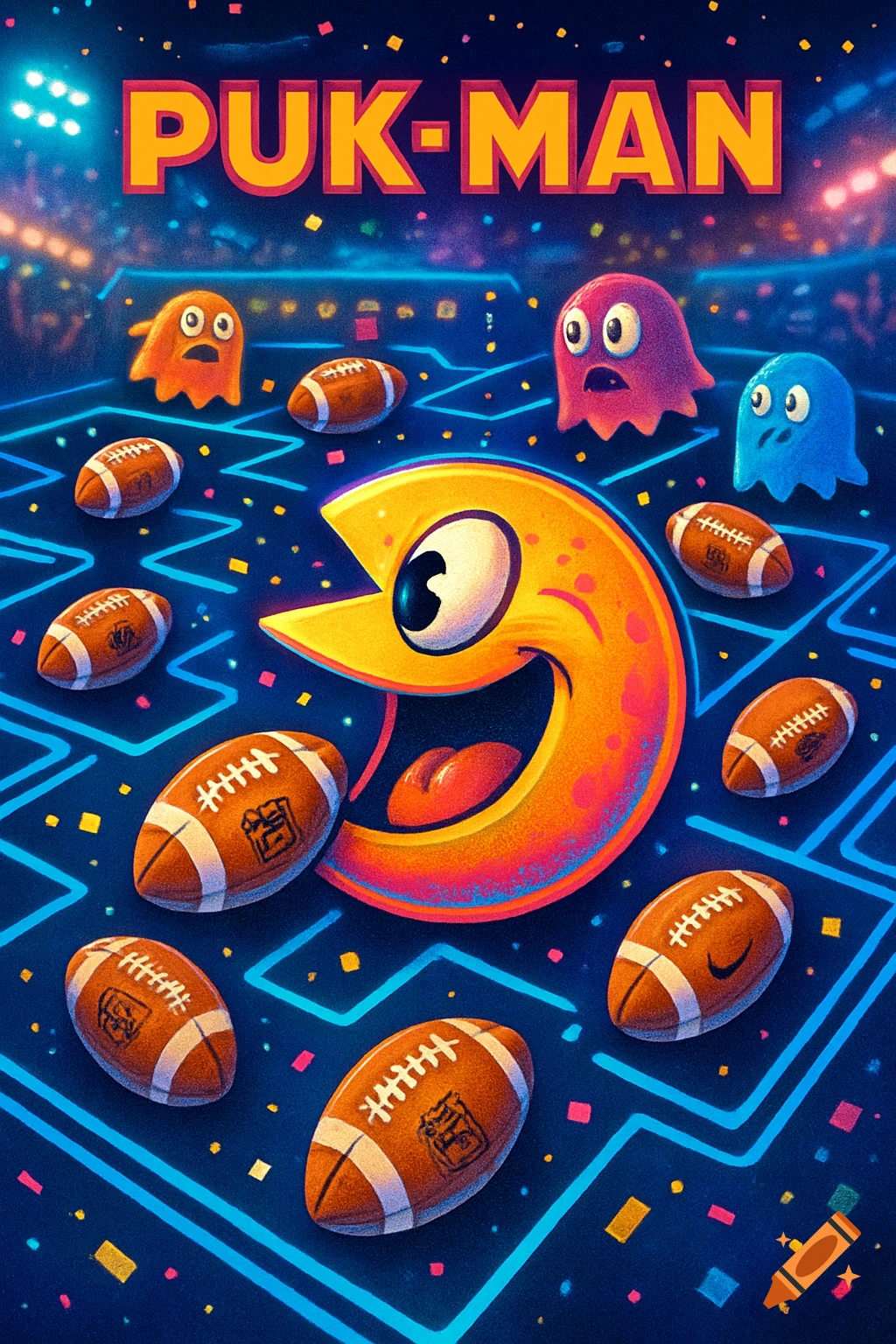 Puk-Man character, colorful ghosts, and footballs on a neon blue grid, with 'PUK-MAN' text above.