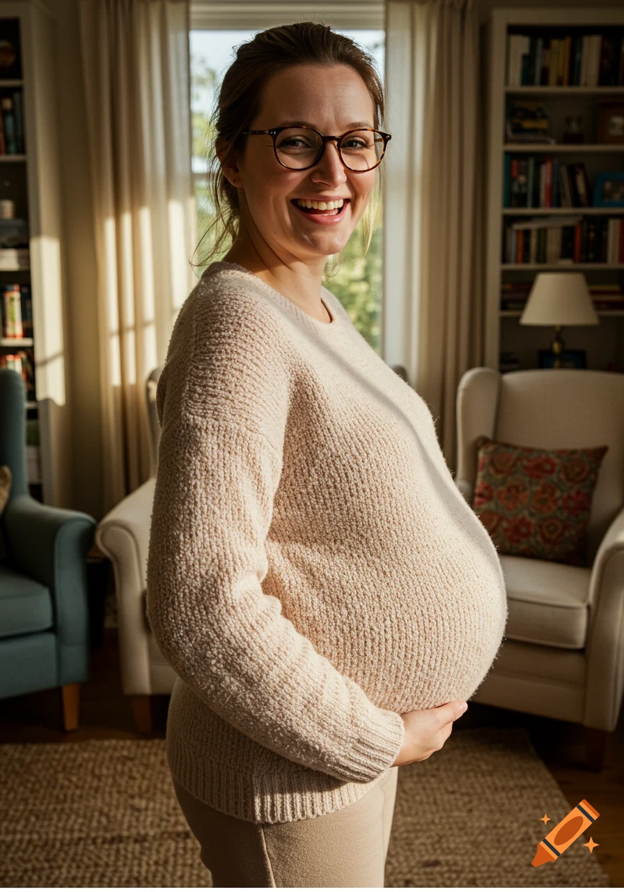 A smiling pregnant woman wearing glasses and a cream sweater holds her belly in a sunlit living room with bookshelves.