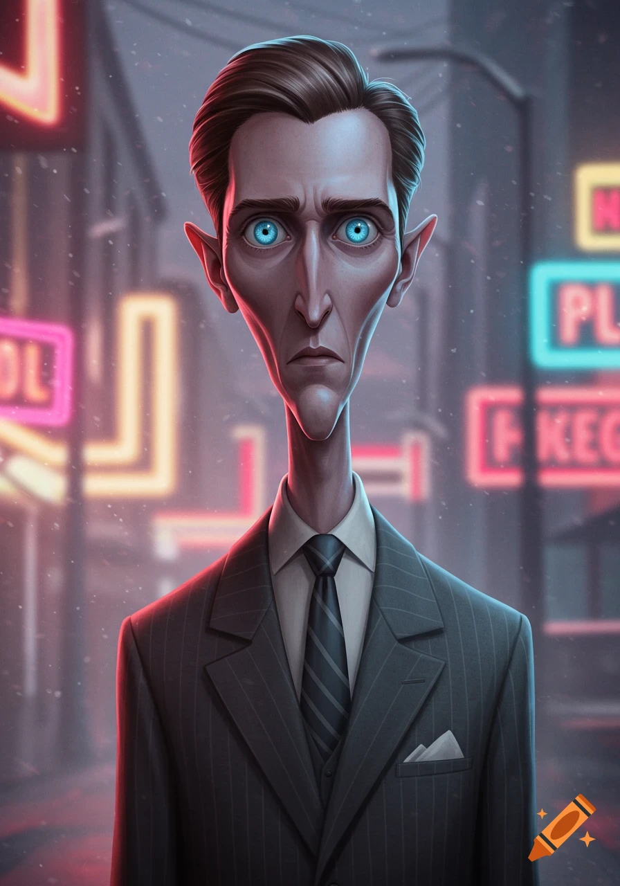 A stylized portrait of a tall, thin man with pale skin, exaggerated features, and glowing blue eyes, wearing a pinstripe suit, against a blurry background of neon signs.