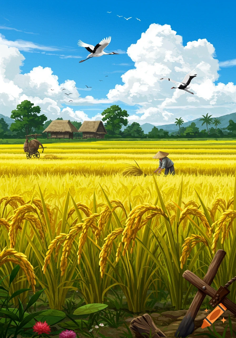 An illustration of a vibrant rice paddy field with a farmer, traditional houses, and cranes flying under a blue sky.