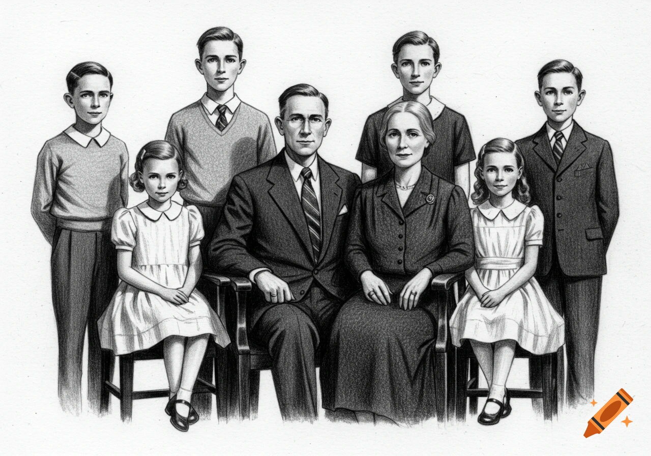 Black and white pencil illustration of a large family portrait from the mid-1900s, with parents seated and five children around them.
